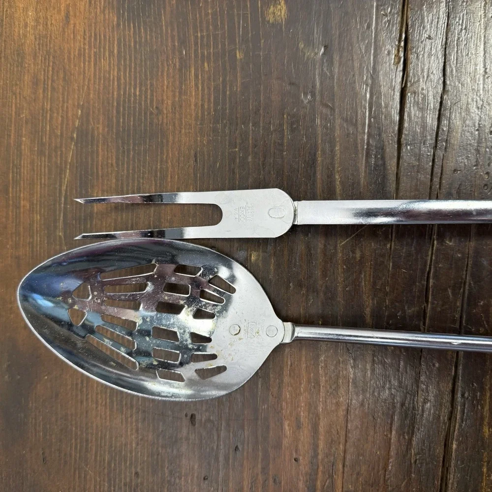 VNTG Ekco Flint Utensils Black Riveted Handles Stainless Steel Spoon Fork USA‎